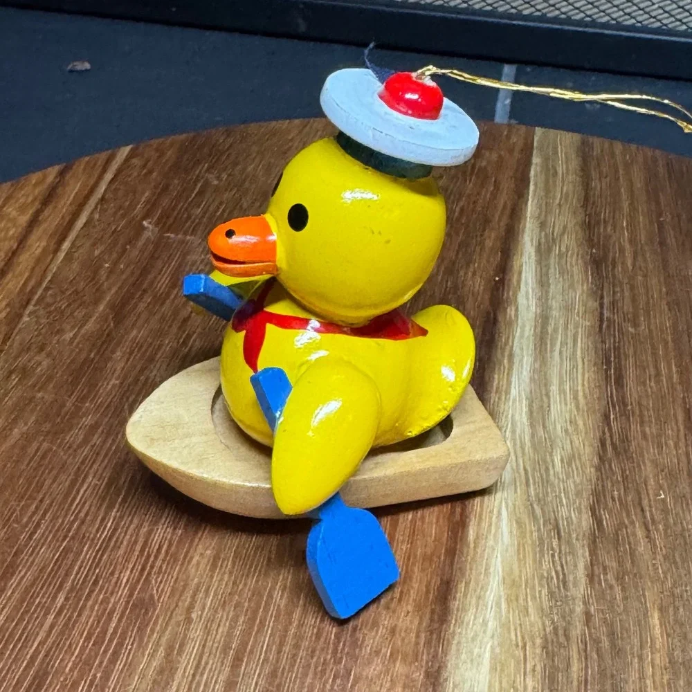 Vintage Wooden Duck Sailor Ornament Rowing Boat Nautical Hand Painted Yellow Oar